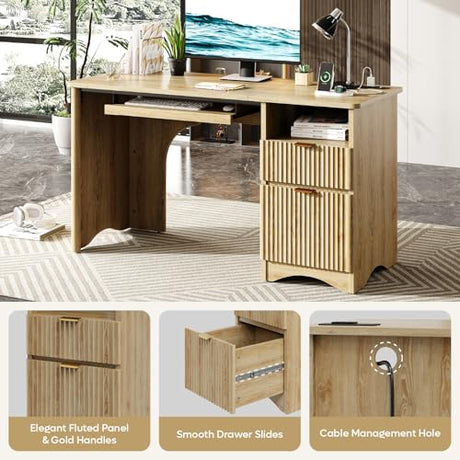 Bestier Computer Desk with Drawer, 55 inch Office Desk with Power Outlet, Modern Home Office Desk with Keyboard Tray (Natual Oak, 55" W with Single-Sided Drawers) Bestier
