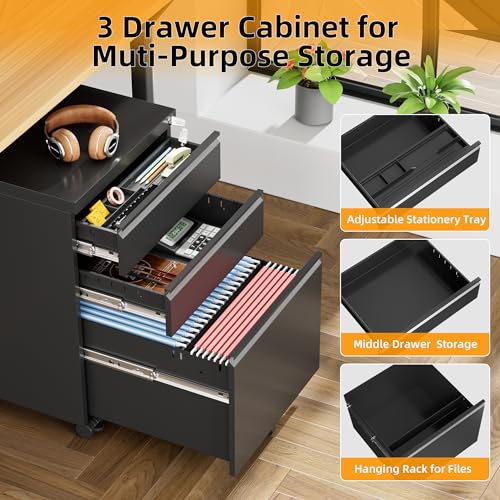INTERGREAT 3 Drawer File Cabinet, Metal Filling Cabinet with Lock, Locking Office Mobile Cabinet with Wheels for Legal/Letter Size, Under Desk, Black INTERGREAT