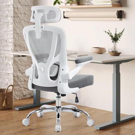 shipborne Office Chair Ergonomic Office Chair with Lumbar Support, Head Support, Rocking Function, FILP-up Armrests, Mesh High Back Chair Home Office Desk Chair, Suitable for Home, Office, Grey shipborne