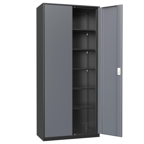 Athena Collection 71" Tall Metal Storage Cabinet with 2 Doors and 6 Ajustable Shelves, Garage Storage Cabinet for Files, Tools, Home Offcie, School, Garage, Pantry, Grey Black Athena Collection