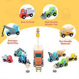 Wooden Construction Site Vehicles with Trailer 14 PCS Set, Vehicle Toys Cars for Toddlers and Kids Ages 3+ Gifts for Boys Girls, Compatible with Thomas and Other Major Brand Train Toy and Railway Set BBtinker