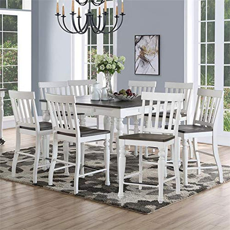 Steve Silver Furniture Joanna 9pc Rectangular Counter Dining Set, Two Tone Dark Oak/Ivory Finish, 54" w/ 18" Leaf w/ 8 Slat Back Side Dining Chairs, Storage Drawers, 54" L x 54" W x 36" H, White Steve Silver