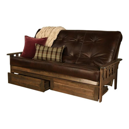 Kodiak Tucson Queen Futon Frame with Storage Drawers - Wood Futon Set with Mattress Included in Java Brown Faux Leather Mattress