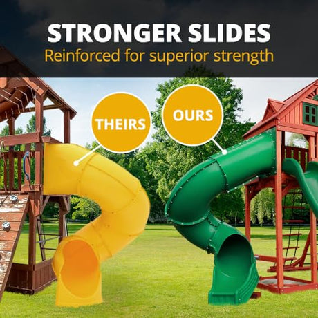 Gorilla Playsets 01-1037-AP Treasure Trove Treehouse Wood Swing Set with Tube Slide, Built-in Sandbox Area, and Clatter Bridge, Amber Gorilla Playsets