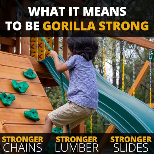 Gorilla Playsets 01-0004-AP Frontier Wood Swing Set with Wood Roof, Tire Swing, Two Belt Swings, Picnic Table, Sandbox, Rock Climbing Wall, Amber