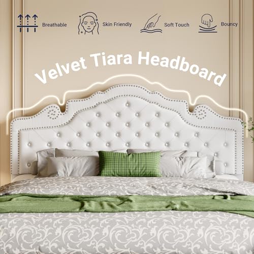 Allewie King Bed Frame with Adjustable Velvet Tiara Headboard, Upholstered Diamond Button Tufted Platform Bed, Wood Slats Support, No Box Spring Needed, Mattress Foundation, Easy Assembly, White Allewie