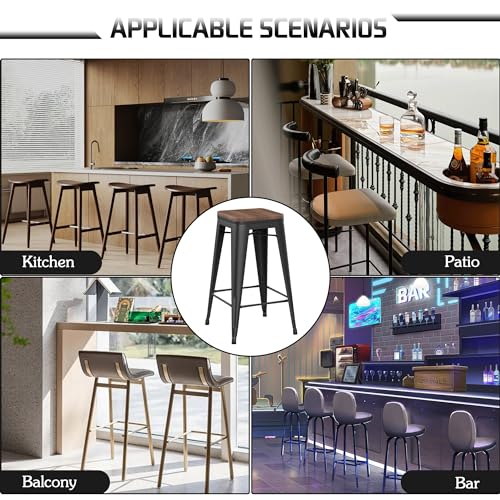 Alunaune 24" Metal Bar Stools Set of 4 Stackable Counter Height Barstools Backless Industrial Kitchen Bar Chairs with Wooden Seat-Matte Black Alunaune
