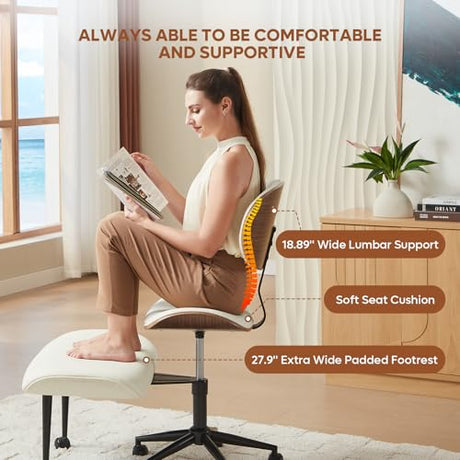 Bestier Cross Legged Office Chair with Wider Bentwood Back Support, Ergonomic Meditation Office Chair for Adults up to 300 lbs, 360° Swivel Adjustable Height for Multi Position White Bestier
