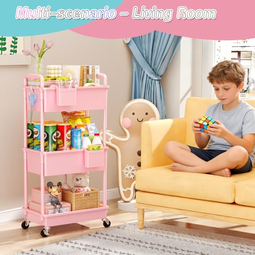 SUNALLY Baby Diaper Caddy Cart, 3 Tier Rolling Diaper Cart with Lockable Wheels for Nursery Essentials, Large Capacity & Easy Assemble Diaper Storage Organizer for Newborn,New Mom, Pink