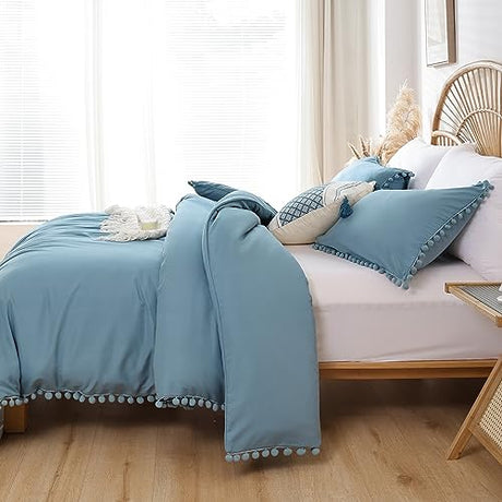 YIRDDEO Queen Comforter Set - Comforter Queen Size Sets with Ball Pom Fringe, Soft Bedding Set for All Seasons - 3 Pieces, 1 Comforter (90"x90") & 2 Pillow Shams (20"x26"), Dusty Blue YIRDDEO