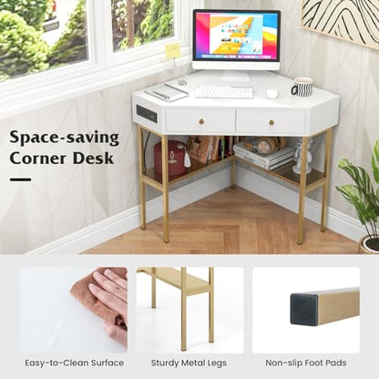 Tangkula Corner Desk with 2 Drawers & Built-in Charging Station, 90 Degrees Triangle Corner Computer Desk for Small Space, Bedroom Makeup Vanity Desk with Storage Shelves, Corner Desk (Gold & - WoodArtSupply