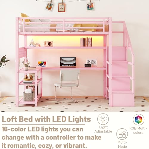 OYUMOENTS Full Size Loft Bed with Desk and Stairs, Metal Loft Bed with LED Light & Charge Station, Heavy-Duty Beds with Wardrobe & Storage Shelves, No Spring Box Required, No squeaks, Pink OYUMOENTS