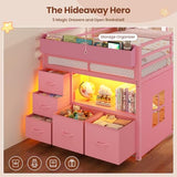 ADORNEVE Low Loft Bed Twin Size with Tent, 5 Storage Drawers, LED Lights, Metal Kids Loft Bed with Bookcase & Under-Bed Play Space,Twin Loft Beds with 13.8''H Safety Guardrail,Inclined Ladder, Pink ADORNEVE