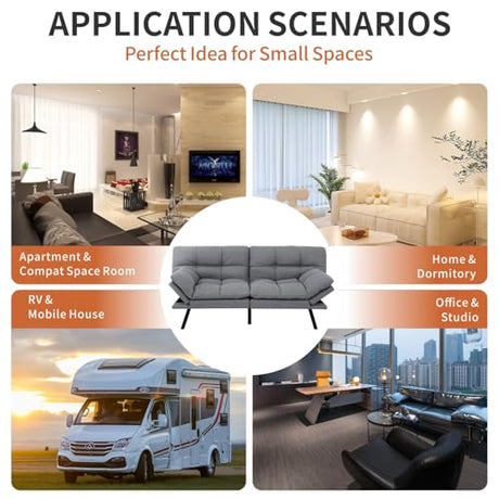 MUUEGM Futon Sofa Bed，Memory Foam Futon Convertible Couch Bed, Sofa Bed Couch,Modern Loveseat Sofa,Sleeper Couch for Small Space，Apartment, Living Room,Adjustable Backrests Armrests,Light Grey MUUEGM