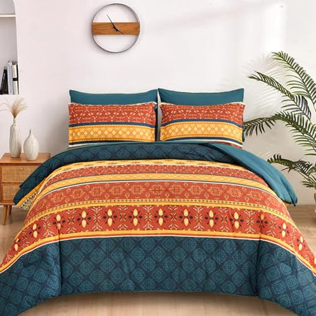 WONGS BEDDING Boho Comforter Set Queen Size,7 Pieces Bed in a Bag Bohemian Striped Bedding Set,Burnt Orange Paisley Floral Comfortet and Sheet Set,Soft Microfiber Bedding Sets for All Season WONGS BEDDING