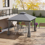 Outsunny 10' x 11.5' Metal Patio Gazebo, Double Roof Outdoor Gazebo Canopy Shelter with Tree Motifs Corner Frame and Netting, for Garden, Lawn, Backyard, and Deck, Gray Outsunny