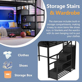 Harper & Bright Designs Queen Size Loft Bed with Stairs, Storage Shelves and Built-in Wardrobe, Metal Loft Bed Frame with USB Ports and LED Lights (Black Queen) Harper & Bright Designs