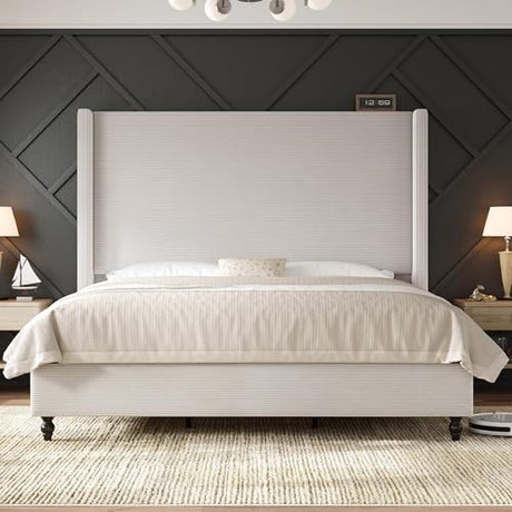 AMERLIFE King Size Bed Frame with 65" Tall Headboard, Upholstered Corduroy Bed Frame with Wingback, Platform Bed with Solid Wood Gourd Legs, Solid Slats, No Box Spring Needed, Cream AMERLIFE