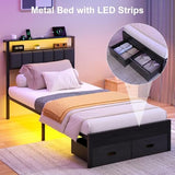Aelawe Twin Bed Frames with Storage Drawer, Platform Bed with Charging Station and LED Lights, Upholstered Headboard with 2-Tier Storage Shelves, No Box Spring Needed Aelawe
