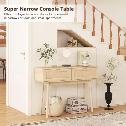 YMBSBUY Rattan Console Table with 2 Drawer, Boho Narrow Sofa Table Entryway Table, Wood Skinny Farmhouse Vanity Desk, Long Small Entry Table for Hallway, Entrance, Living Room, Bedroom, 40 inch, Oak YMBSBUY