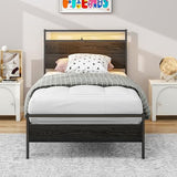 BOFENG Twin Bed Frame with Wood Headboard and USB Charging Station/LED Lights,Metal Single Platform Bed Frame Twin Size No Box Spring Needed,Heavy Duty Metal Slats Support,Noise Free,Black BOFENG