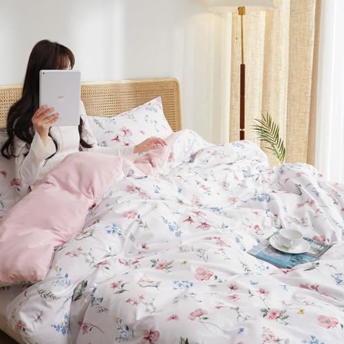 PHF Ultra Soft Floral Duvet Cover Queen Size, Printed Bedding Set 3 Pieces, Comfy Durable Farmhouse Duvet Cover Set with 2 Pillow Shams, Zipper Closure and 8 Ties, 90"x90", White & Pink PHF