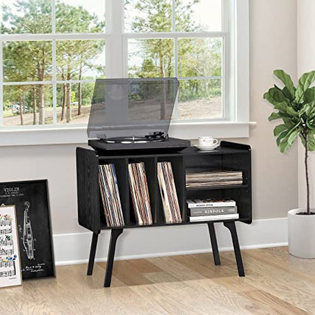 Lerliuo Record Player Stand with Charging Station Holds Up to 220 Albums, Large Turntable Stand with 4 Cabinet, Mid-Century Record Player Table,Black Vinyl Holder Storage Shelf for Bedroom Living Room Lerliuo