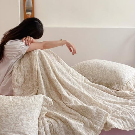 BuLuTu Muslin Cotton Full/Queen Bed Quilts for Kids Teens Vintage Boho Comforter with Lace Edges Soft Thin Comforter Rabbit Floral Quilted Blankets, 79"x90", No Pillowcases BuLuTu
