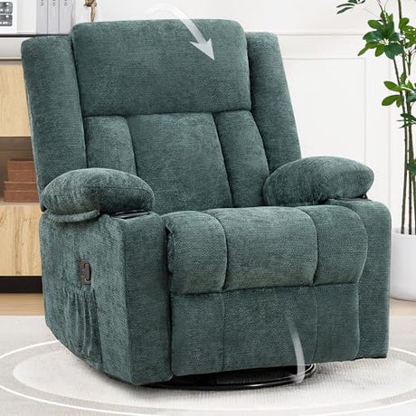 Hicosit Swivel Rocker Recliner Chair with Cup Holders, 360 Degree Rotating Nursery Rocking Chair, Manual Glider Recliner for Living Room (1, Green) Hicosit