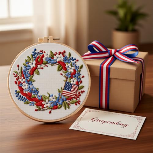 JJFox Embroidery Kit for Beginners & Adults, DIY Hand Embroidery Starter Kit with Cute Pattern, Cross Stitch Kit with Bamboo Hoop, Threads, Needles & Instructions (Independence Day Wreath)