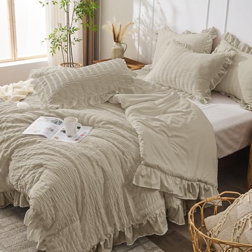 JOLLYVOGUE King Size Comforter Set, 3 Pieces Linen Seersucker Comforters King Size, Lightweight & Fluffy Bedding Sets King for All Season with 1 Ruffle Comforter and 2 Ruffle Pillowshams JOLLYVOGUE