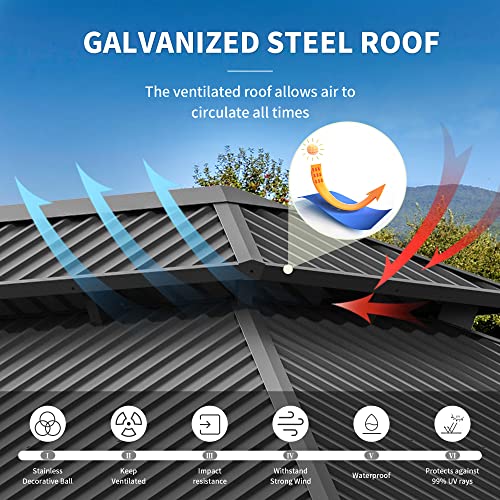 Greesum 12'x16' Hardtop Metal Gazebo, Outdoor Galvanized Steel Double Roof Canopy, Aluminum Frame Permanent Pavilion with Netting and Curtains for Lawns, Patio, Backyard and Deck Greesum