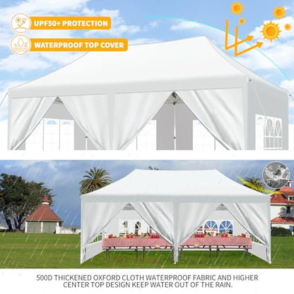 Titwest Canopy 10x20 Pop Up Canopy Tent with 6 Sidewalls and Window, Ez Pop Up Instant Shade Gazebo for Outdoor Events, Party and Patio with Wheeled Bag(10x20FT,White) - WoodArtSupply