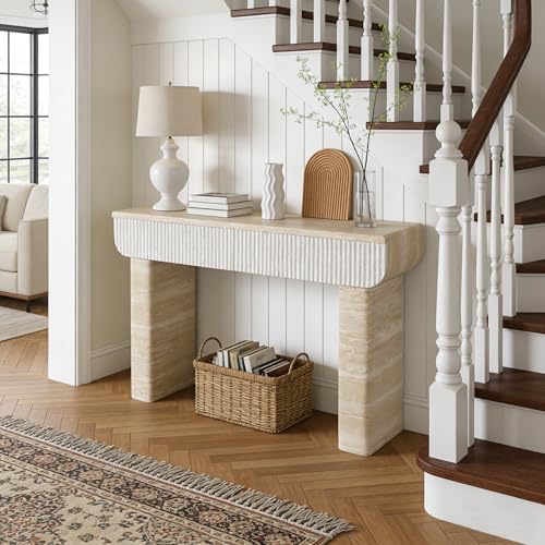 Mcltopz 47.2" Faux Mars Marble Pattern Console Table with 2 Drawers, Skinny Long Sofa Table Behind Couch with Rounded Edges, Wooden Narrow Sofa Table Hall Table for Living Room Foyer Entrance, Marble Mcltopz