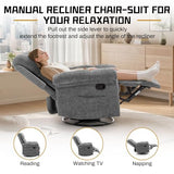 Korser Recliner Chair, Swivel Rocker Recliner Chair for Adults, Small Recliners for Small Spaces, Manual Recliner with Side Pockets, Upholstered Nursery Rocking Chair for Living Room, Chenille, Grey