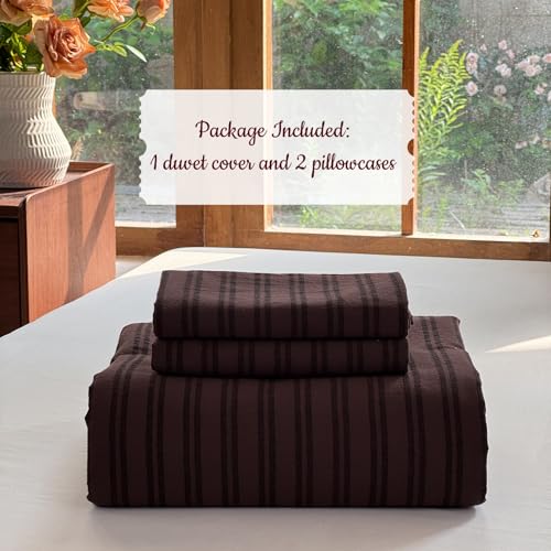 BESTDESIL Striped Duvet Cover Set 100% Washed Cotton Linen Like Soft Feelling Breathable Bedding(Pine Bark Brown/Black Strip,Full) BESTDESIL