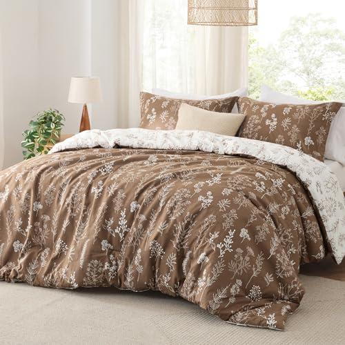 Bedsure Twin/Twin XL Comforter Set - Brown Bed Set, 2 Pieces Cute Floral Bedding, 1 Soft Reversible Botanical Flowers Comforter and 1 Pillow Shams Bedsure