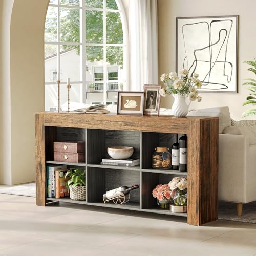 LITTLE TREE Console Table with Storage, 63-Inch Narrow Long Sofa Table, Entryway Table with 6 Cubes, Farmhouse Storage Shelves for Entryway, Living Room LITTLE TREE