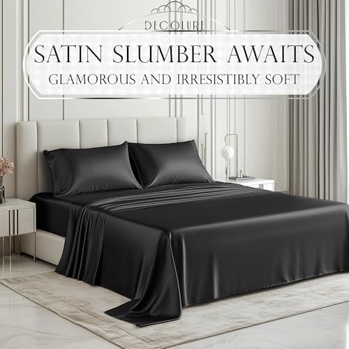 DECOLURE Satin Bed Sheets - 6 Piece Luxury Silky King Size Bedding Set - Softer Than Silk, Wrinkle-Free with 15” Deep Pocket Fitted Sheet, Perfect for Hair & Skin, Gifts for Women (Stone Grey) DECOLURE