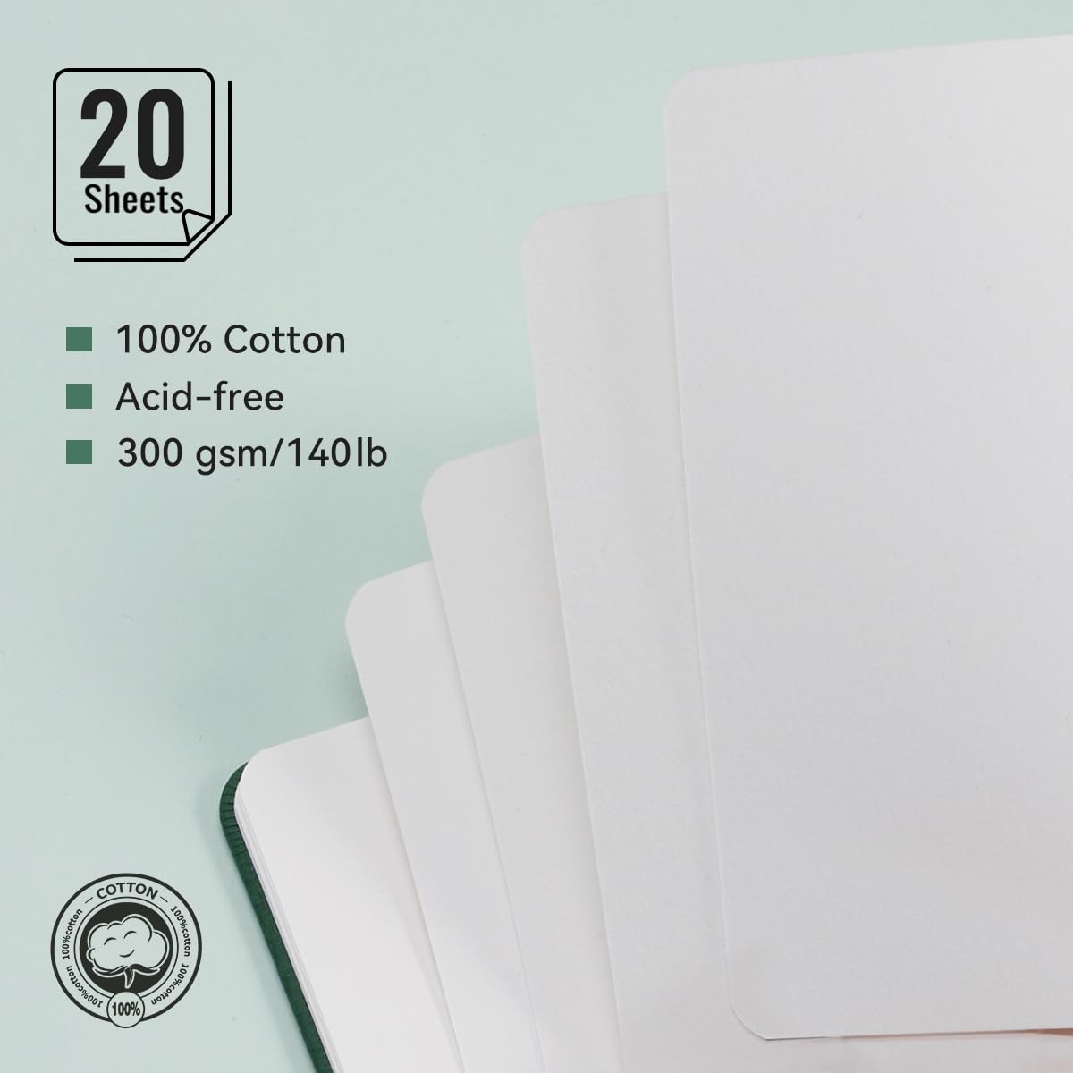 Lightwish Watercolor Journal, 100% Cotton Hot Press Art Supplies Watercolor Paper7.6” x 5.1”, 20 Sheets (140lb/300gsm), Acid-Free for Watercolors, Gouache, Acrylics LIGHTWISH