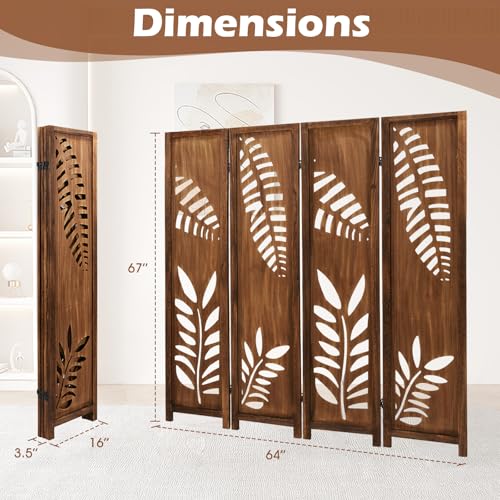 Giantex Boho Rustic Room Divider, 4 Panel Carved Leaf Folding Wood Screen, Fully Assembled, 67'' Freestanding Privacy Partition Decorative Wall, Foldable Room Separator for Bedroom, Brown Giantex