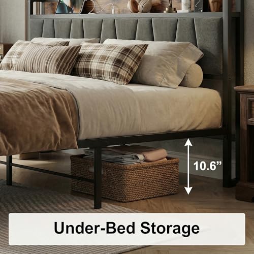 LIKIMIO King Size Bed Frame, Storage Headboard with Charging Station, Platform Bed with Drawers, No Box Spring Needed, Easy Assembly, Industrial Brown and Gray LIKIMIO