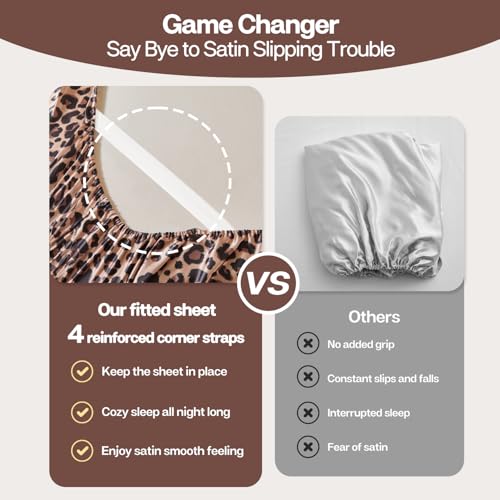 MR&HM Satin Fitted Sheet Twin XL Size, Silky Bottom Sheet with Elastic Corner Straps, Deep Pocket up to 15 Inch, No More Slipping Off for Mattress - 1 Fitted Sheet Only (Brown Leopard) MR&HM
