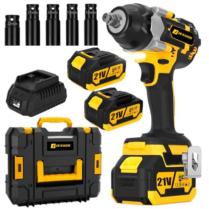 JEXUGK 800N.m Cordless Impact Wrench, 600Ft-lbs 1/2 inch Electric Impact Gun, High Torque Brushless Impact Wrench w/ 2x 4.0Ah Battery, Fast Charger & 5 Sockets for Car Lawn Mower - WoodArtSupply