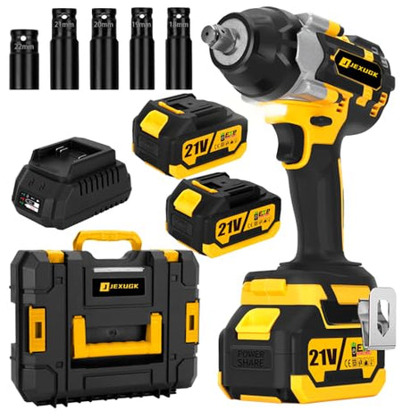 JEXUGK 800N.m Cordless Impact Wrench, 600Ft-lbs 1/2 inch Electric Impact Gun, High Torque Brushless Impact Wrench w/ 2x 4.0Ah Battery, Fast Charger & 5 Sockets for Car Lawn Mower JEXUGK