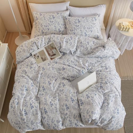 Queen Comforter Set White Blue Floral Bedding Comforter Set Queen Vintage Style Garden Floral Comforter Set for Girls Botanical Flower Comforter Set for All Seasons 1 Boho Comforter with 2 Pillowcases LifeTB