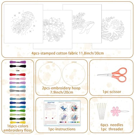 BEUNITONE 4 Pack Beginner Embroidery Kit for Adults, Mysterious Marine Animals Flowers Pre-Stamped Pattern Needlepoint Kits with Hoop & Instruction, Hand Embroidery Kits for Fabric and Home Decor BEUNITONE