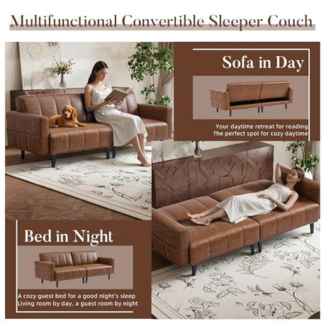 hausway 83”Faux Leather Futon Couch,Mid Century Modern Convertible Faux Leather Sofa with Adjustable Backrest,Storage Pocket,Wooden&Steel Frame for Office,Living Room,Space-Saving,Brown hausway