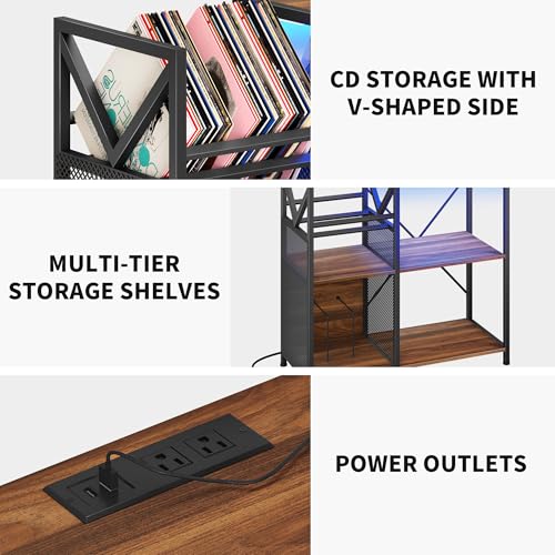 DWVO 3-Tier Vinyl Record Stand with Power Outlets & RGB LED Lights – Holds 300+ Albums, Sturdy Metal Frame Turntable Table for Living Room, Walnut Finish Media Storage Cabinet DWVO