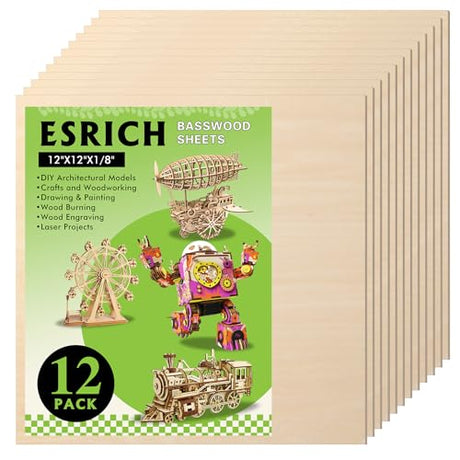 12 Pack Basswood Sheets 1/10x12x12 Inch for Crafts,Unfinished Wood for Laser Cutting & Engraving,Wood Burining,Plywood for Architectural Models. ESRICH